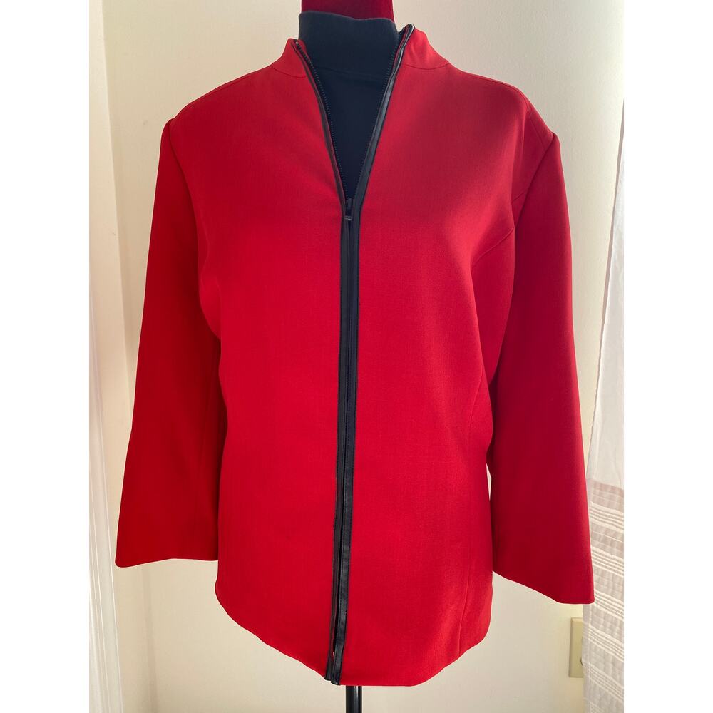 Womens 16W Red Zippered Blazer Jacket Cardigan faux leather trim Nipon Boutique